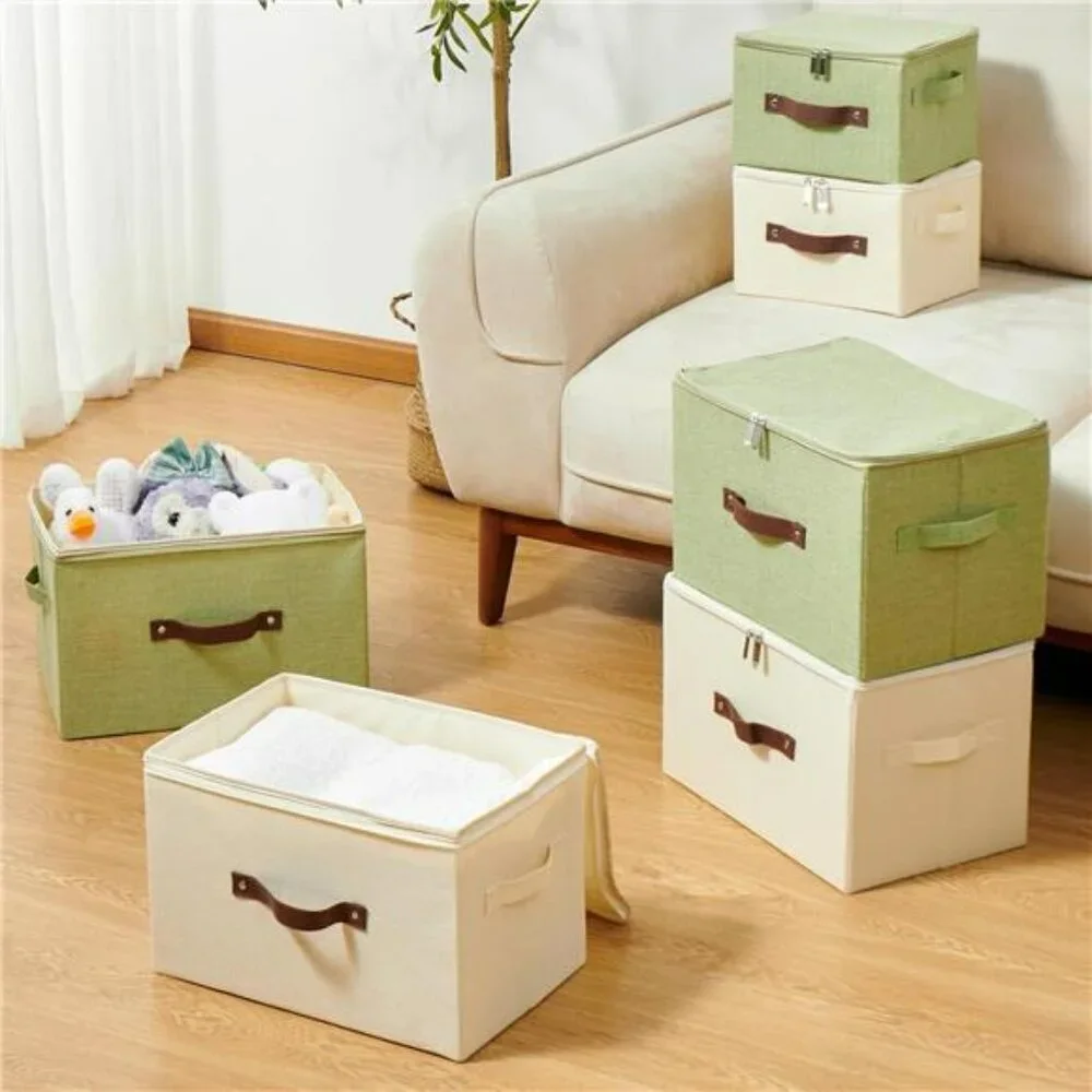 Fabric storage bin with zipper lid foldable closet organizer box with handles